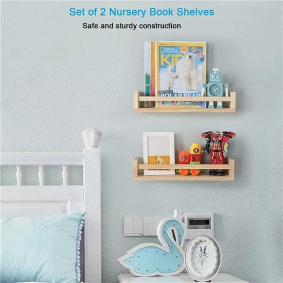 Nursery Book Shelves, Set of 2 Wood Floating Book Shelves for Kids Room - Picture 6 of 6